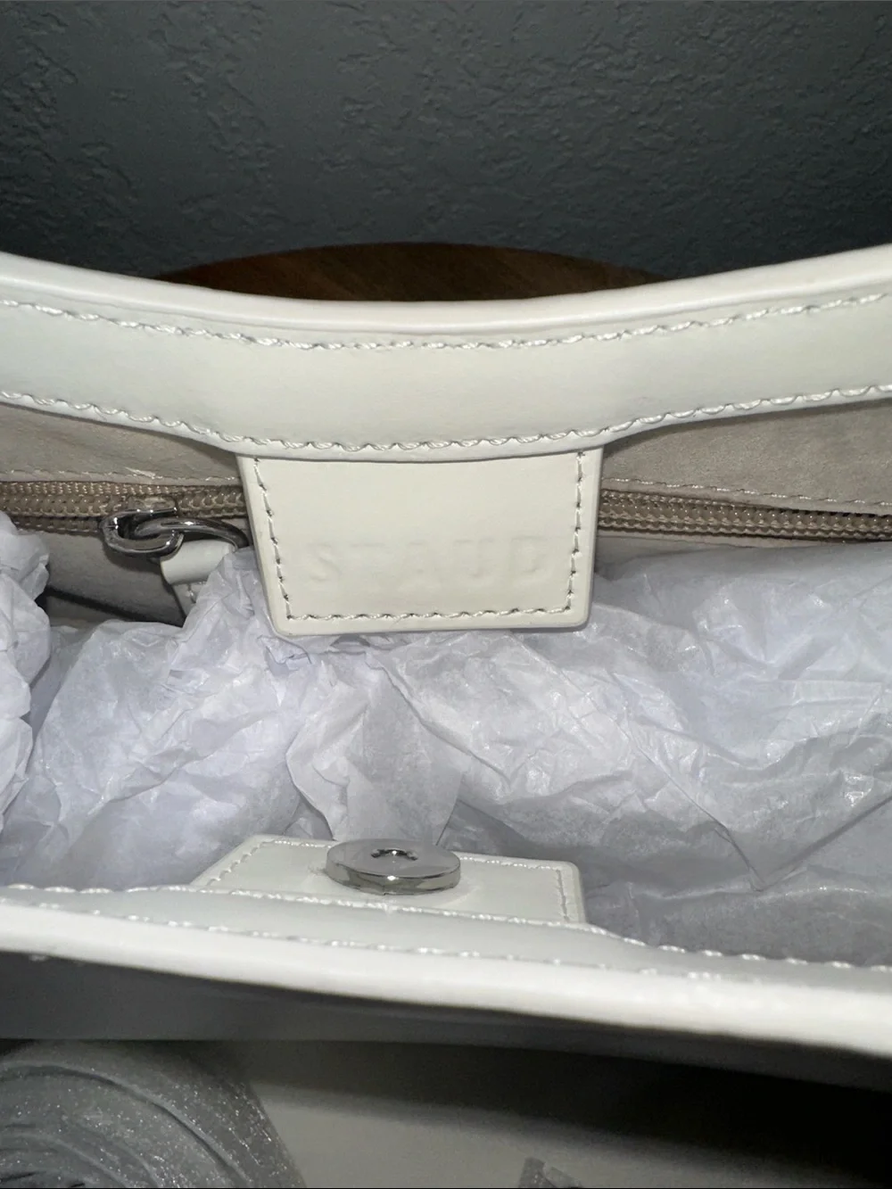 STAUD Crescent Mini Moon Leather Bag White